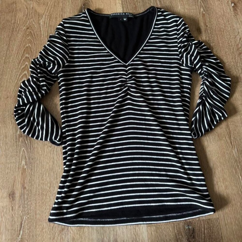 Veronica Beard Womens Black White Striped Clarita Blouse Gather Sleeve Size S